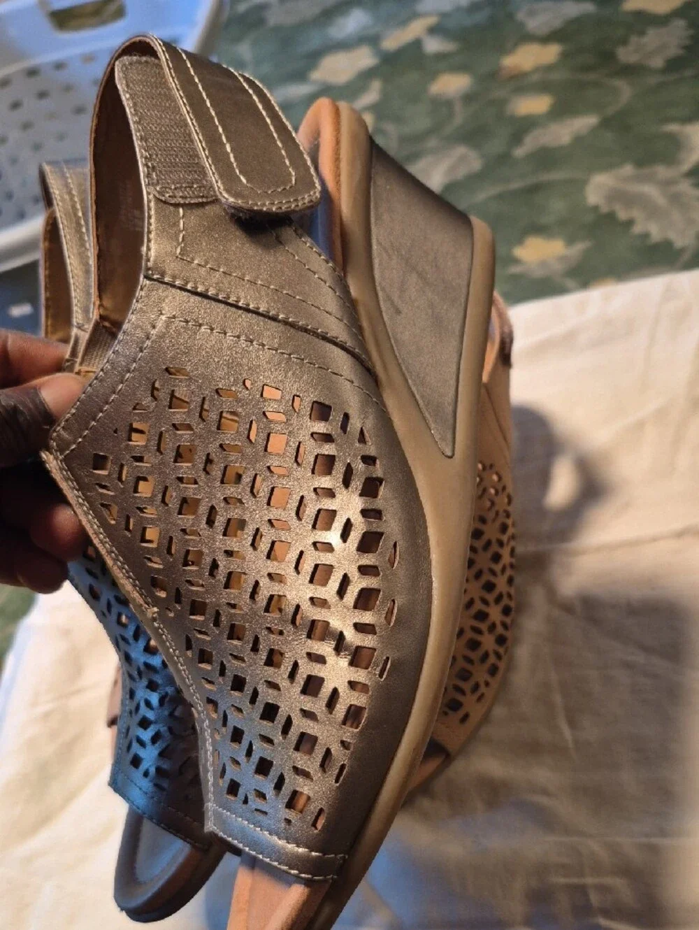Earth Women's Laser-Cut Slingback Sandals in Tan and Metallic Brown